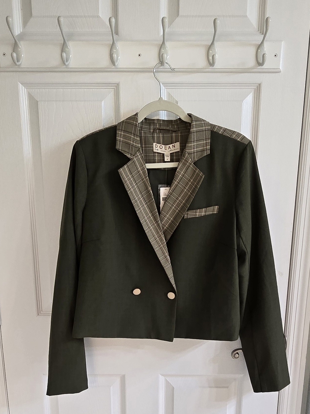 DOLAN/Anthropology Olive Cropped Blazer with Plaid Trim and Contrast Buttons